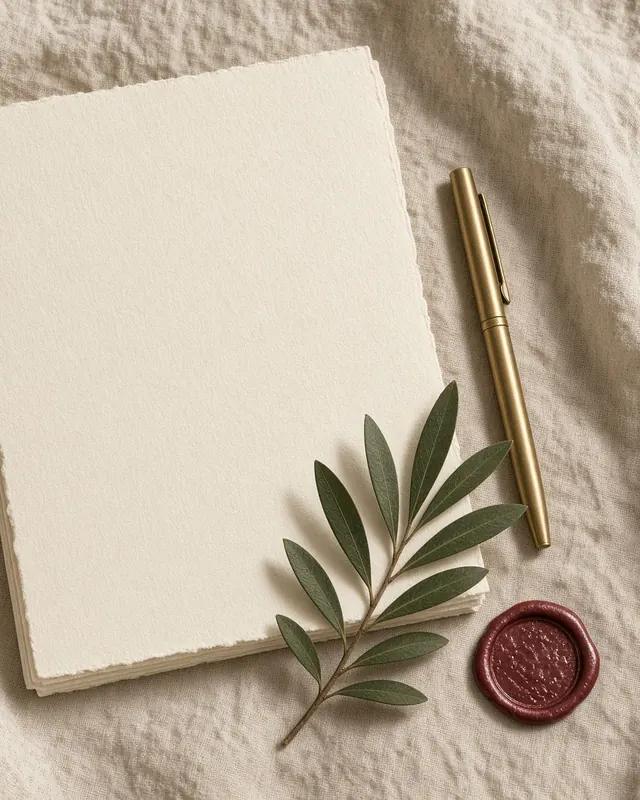 Blank cotton paper, a brass pen, olive, and a rose wax seal