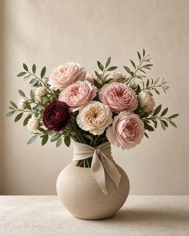 Hand-tied garden roses in a low ceramic vase