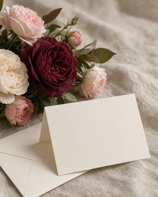 Garden roses beside a blank ivory card and envelope