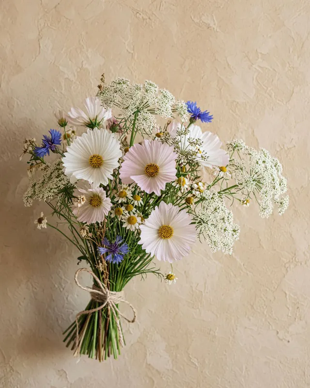 A loose wildflower bouquet against a warm plaster wall