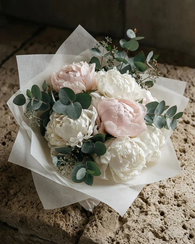 White and blush peonies wrapped in ivory tissue